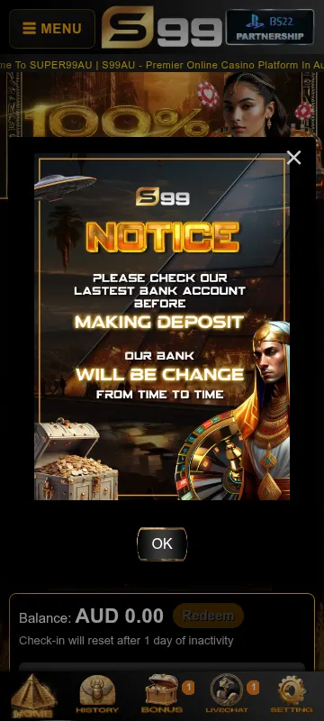 S99 Casino mobile browser access on a smartphone